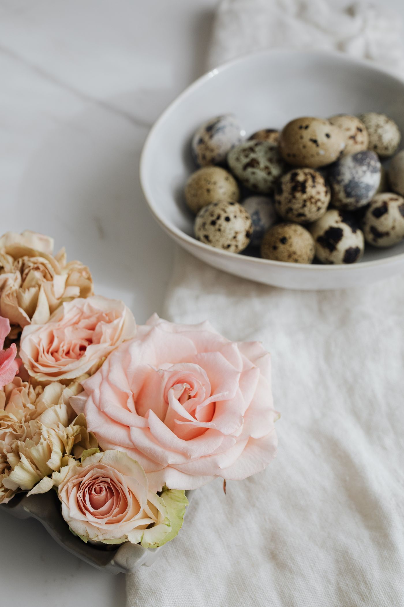 Paper Flame: pale ranunculus and a garden rose in a low dish